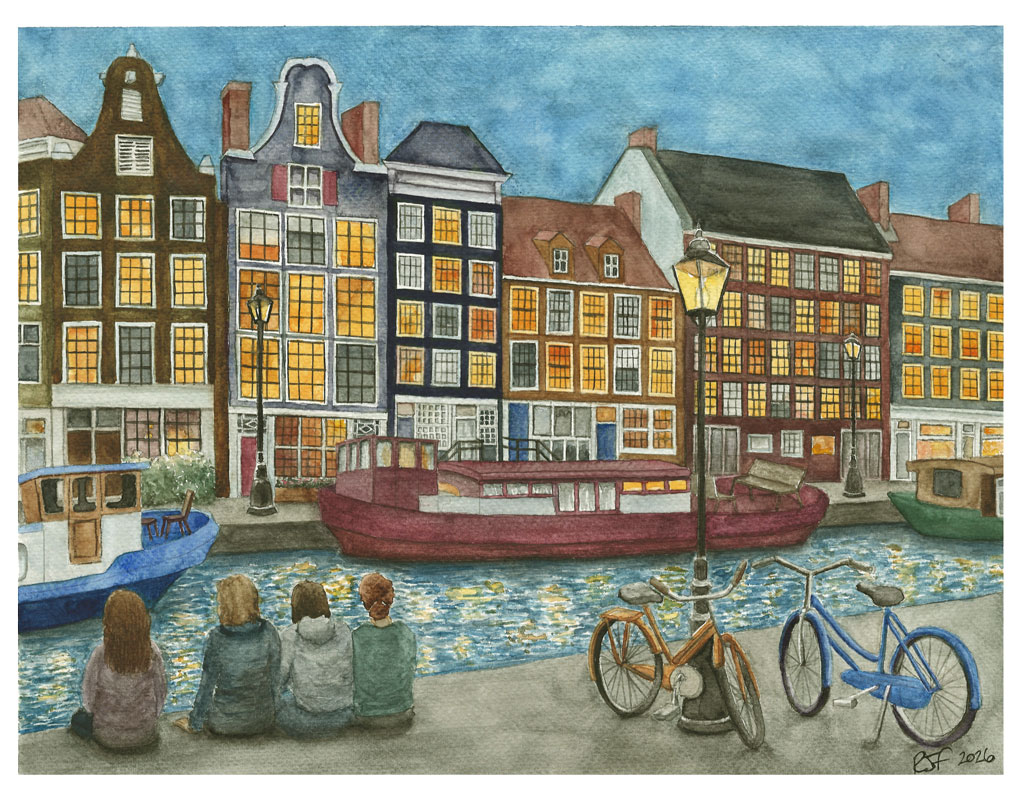 A watercolor painting depicting a serene canal scene with traditional Dutch houses illuminated at dusk, two bicycles resting by a lamppost, and a group of four people sitting by the water.
